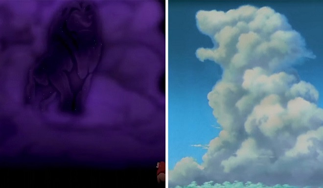 Scena u kojoj se Mufasa pojavljuje na nebu i isti motiv u Tezukinom ostvarenju (foto blackcottonapparelcompa)