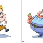 Likovi iz crtane serije „Sunđer Bob Kockalone“ kao ljudi na zabavnim ilustracijama