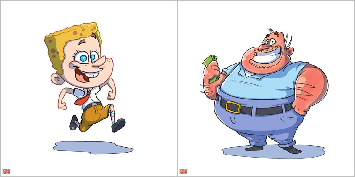 Likovi iz crtane serije „Sunđer Bob Kockalone“ kao ljudi na zabavnim ilustracijama