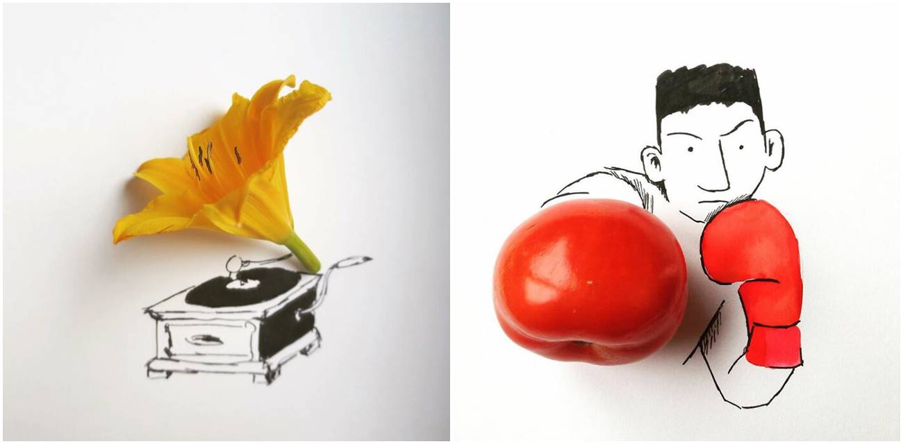 Umetnik na kreativan način kombinuje svoje ilustracije sa hranom i svakodnevnim predmetima
