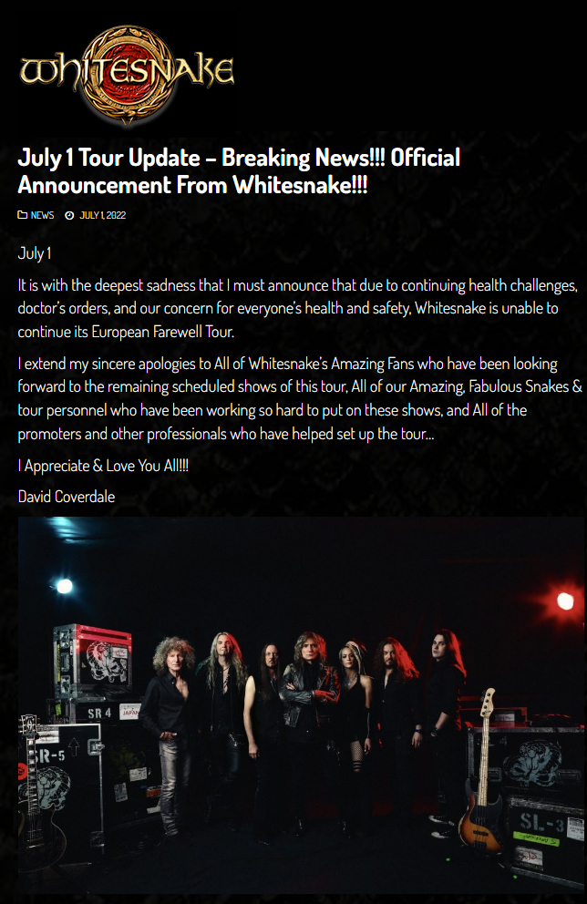 WHITESNAKE zbog bolesti članova benda otkazao ostatak evropske turneje