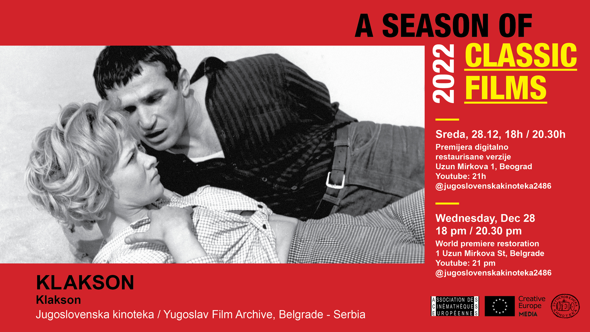 Jugoslovenska kinoteka: Besplatne projekcije filma „Klakson“ u Sezoni filmskih klasika