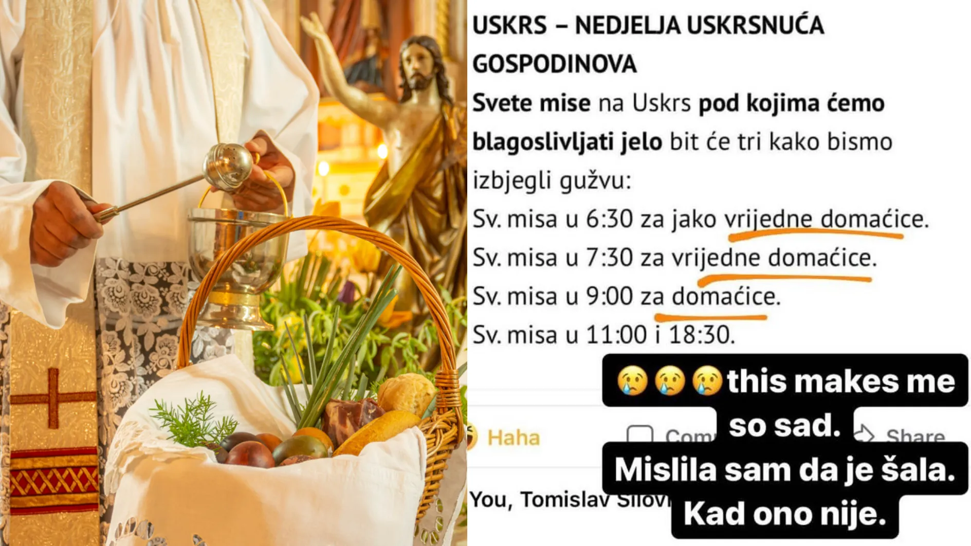 Hrvatski župni ured najavio uskršnju misu za "jako vredne domaćice" i "samo domaćice": Nažalost, nije šala
