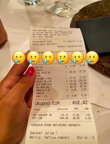 "Ovako prođeš kada slušaš konobara": Turistkinja platila večeru na Hvaru 402 evra, a evo šta je dobila