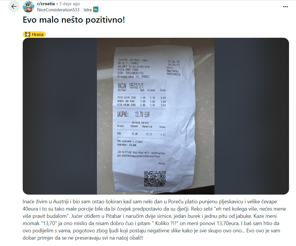 Prvo je platio ćevape 40 evra, ali se još više iznenadio kad je stigao račun za burek: Priča turiste sa Jadrana o kojoj bruje mreže