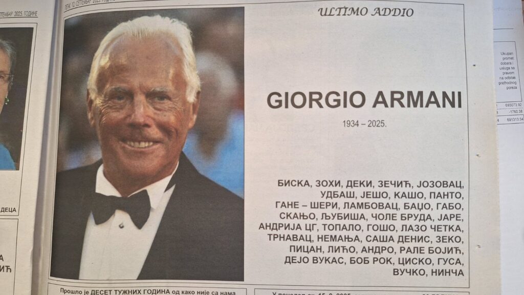 Pogledajte neobičnu čitulju koju je Đorđo Armani dobio u Čačku: „Znaš ti šta je čovek uradio za ovu zajednicu?" 1 Pogledajte neobičnu čitulju koju je Đorđo Armani dobio u Čačku: „Znaš ti šta je čovek uradio za ovu zajednicu?"